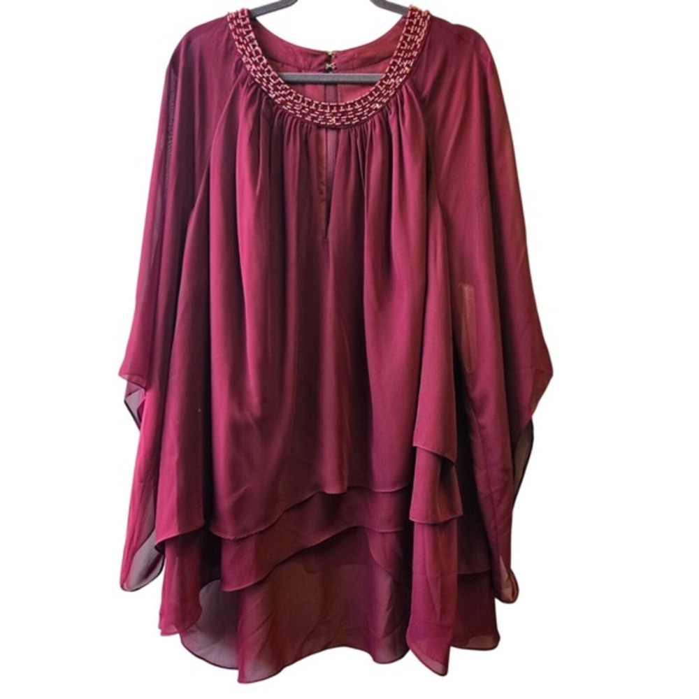 NWT JJ's House 26W Beaded Neckline Layered Burgundy Chiffon Formal Dress Blouse